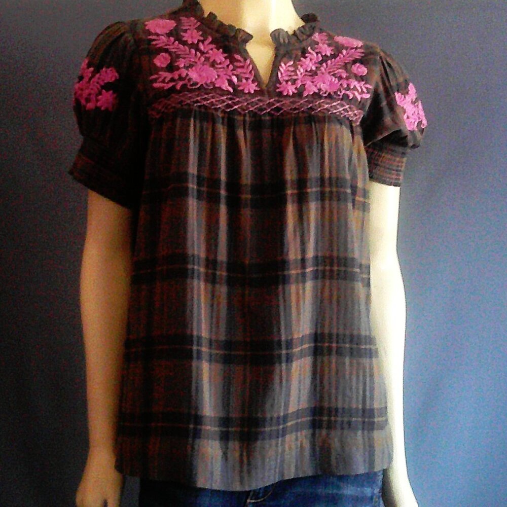 Sister Mary Cotton Plaid Purple floral Embroidered Camilla Top XS
